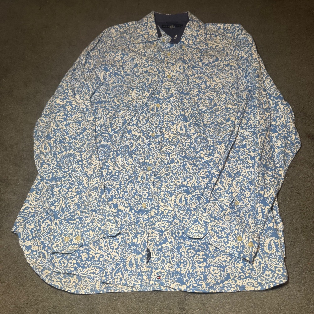 Tommy Hilfiger Mens Large Blue White Paisley Floral Long Sleeve Button Down